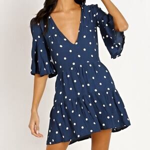 Faithful the Brand Fresa Vintage Blue Ronja Dot Flare Sleeve Babydoll Mini Dress